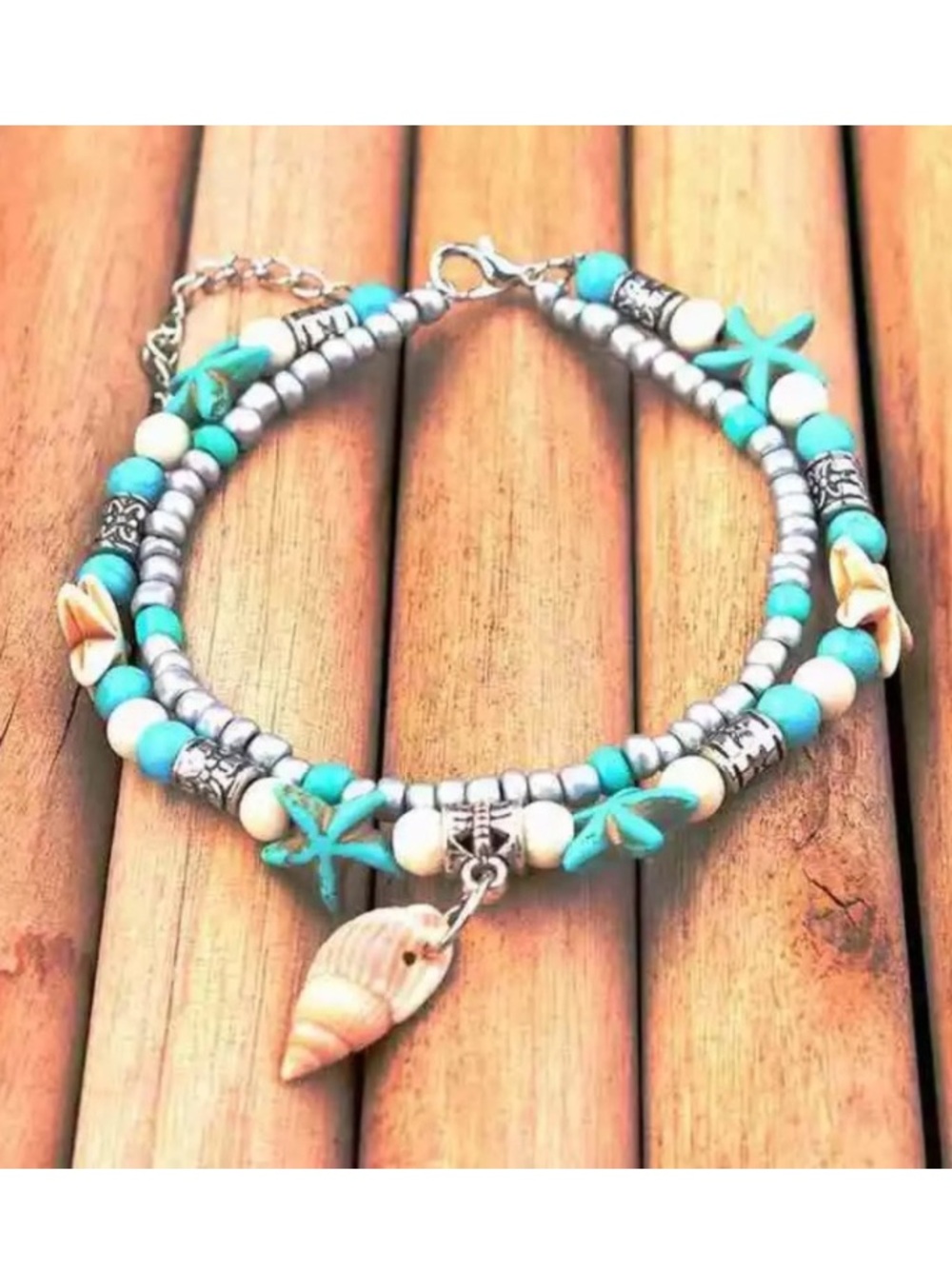 Seashell Starfish Silver Toned Turquoise Beaded Boho Anklet